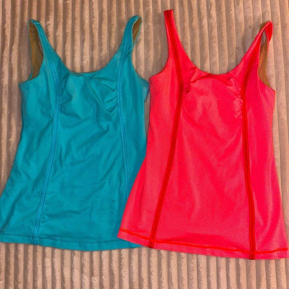 lululemon athletica Tops - 2 LULULEMON WHOLEHEARTED TANK BRIGHT ORANGE/TONKA - BLUE STRIPE SIZE-8 LONG